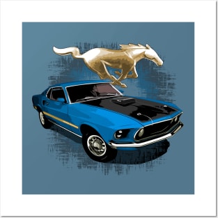 Blue 69 Mustang Mach 1 Posters and Art